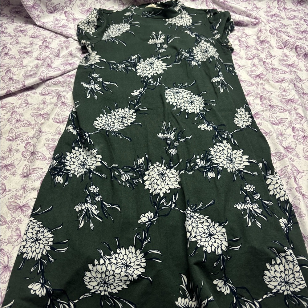 🍄Pink Rose Green Floral Midi Dress with White Blooms